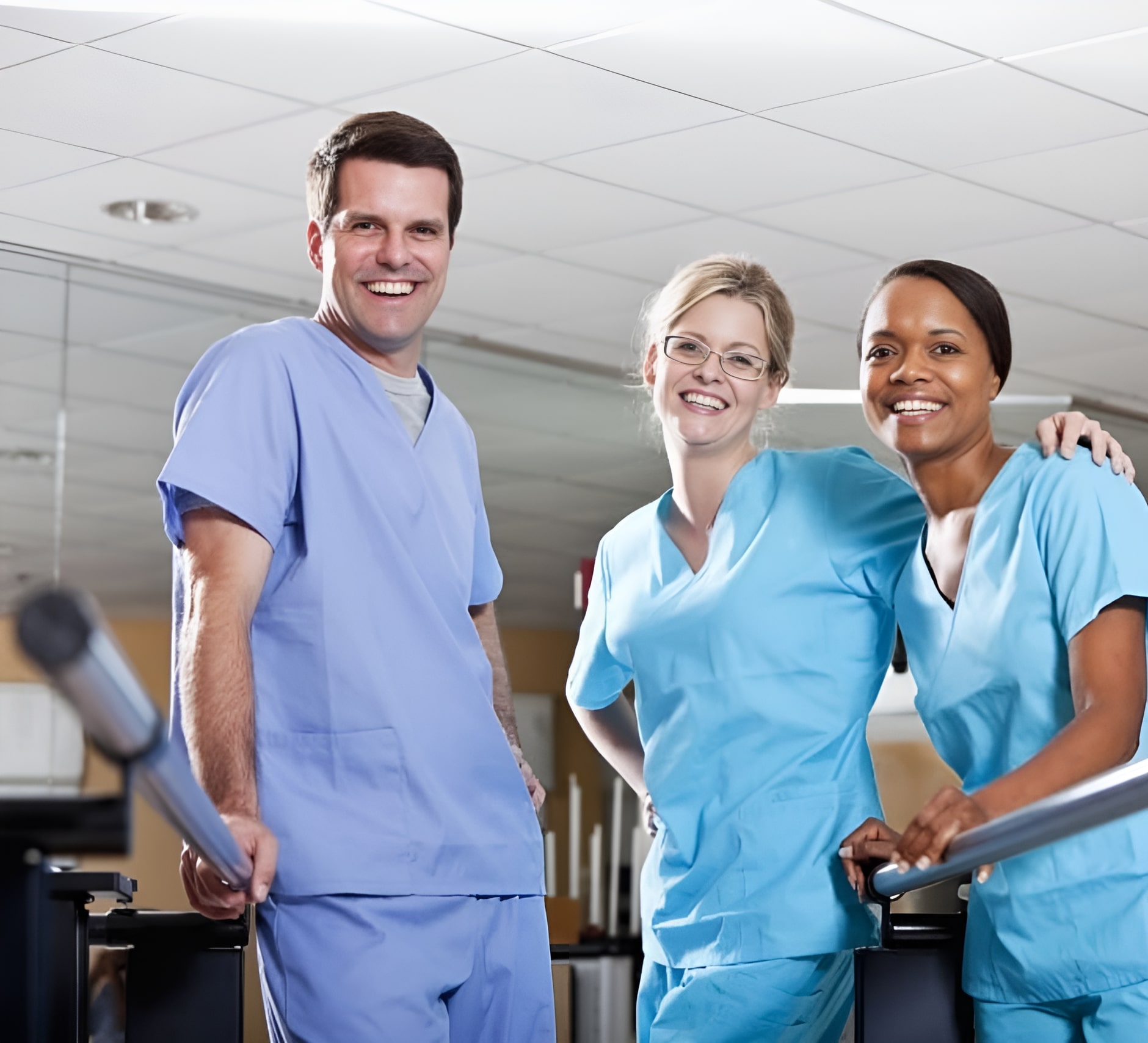 Join Our Team of Compassionate Care Professionals at Fresh Springs Care in Highworth Our smiling healthcare professionals from Fresh Springs Care, proudly standing in a hospital corridor in Highworth